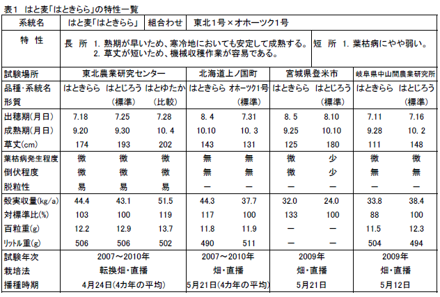 表1 はと麦「東北4号」の特性一覧