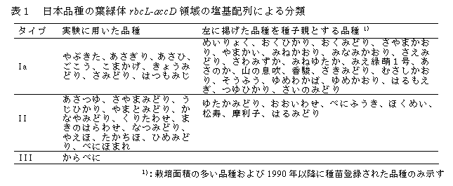 表1 日本品種の葉緑体rbcL-accD領域の塩基配列による分類