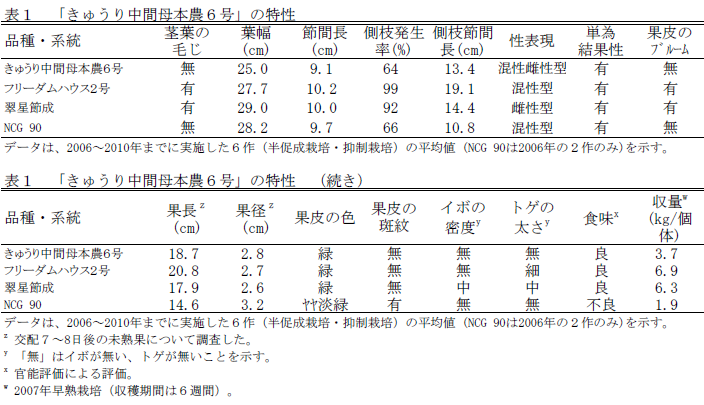 表1.「きゅうり中間母本農6号」の特性