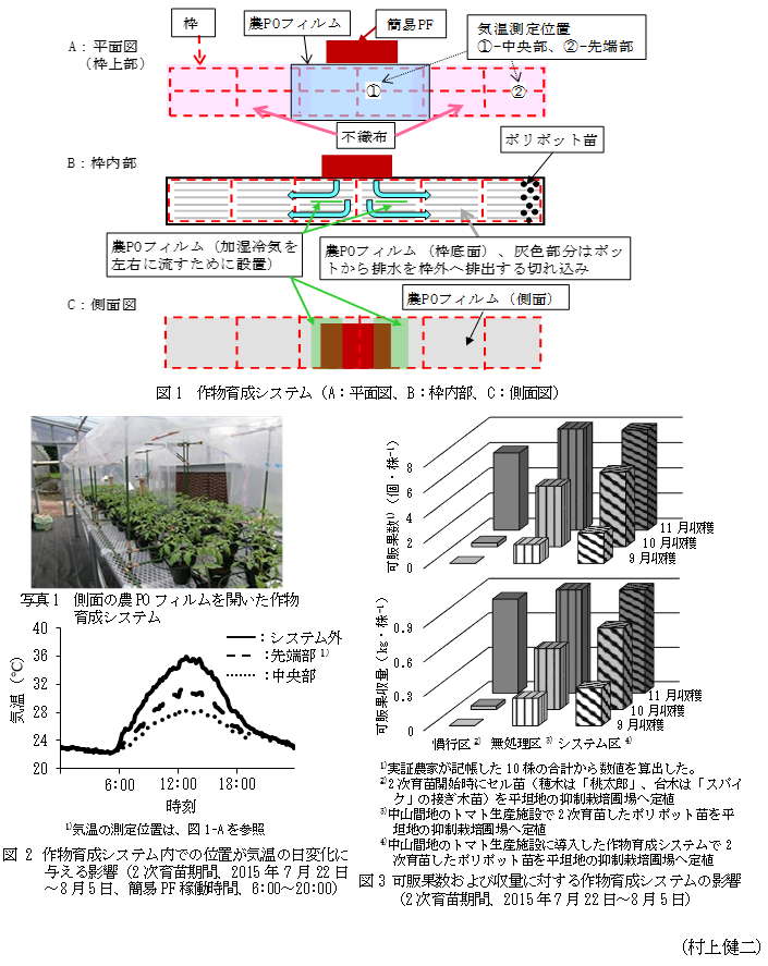 図1 作物育成システム(A:平面図、B:枠内部、C:側面図),写真1 側面の農POフィルムを開いた作物育成システム,図2 作物育成システム内での位置が気温の日変化に与える影響(2次育苗期間、2015年7月22日～8月5日、簡易PF稼働時間、6:00～20:00),図3 可販果数および収量に対する作物育成システムの影響(2次育苗期間、2015年7月22日～8月5日)