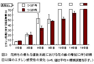 図3 花持ちの優れる選抜系統における花の齢の増加に伴う収穫 日以降のエチレン感受性の変化