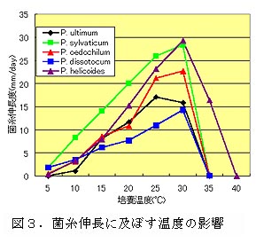 図3.菌糸伸長に及ぼす温度の影響