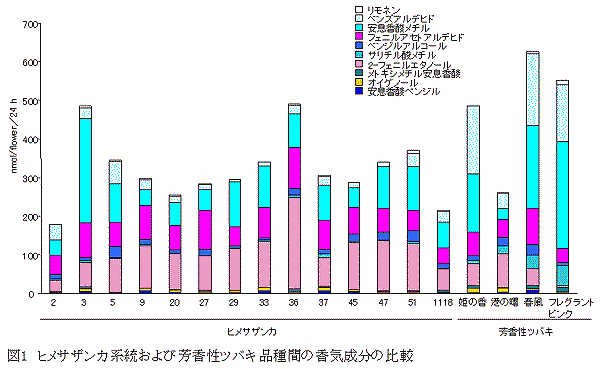 図1.ヒメサザンカ系統及び芳香性ツバキ品種間の香気成分の比較