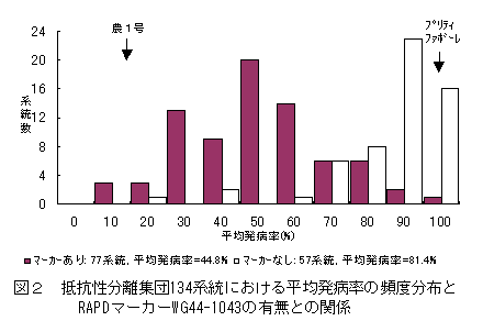 図2 抵抗性分離集団134系統における平均発病率の頻度分布と RAPDマーカーWG44-1043の有無との関係