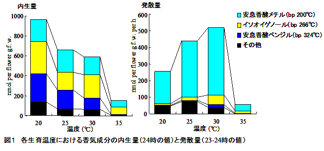 図1 各生育温度における香気成分の内生量(24時の値)と発散量(23-24時の値)