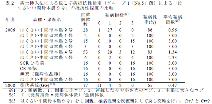 病土挿入法による根こぶ病抵抗性検定(グループ1「No.5」菌)による「は くさい中間母本農9号」の抵抗性程度の比較