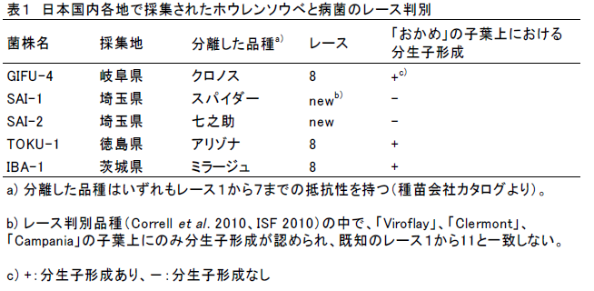 日本国内各地で採集されたホウレンソウべと病菌のレース判別