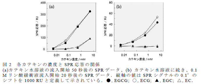 各カテキンの濃度とSPR 応答の関係