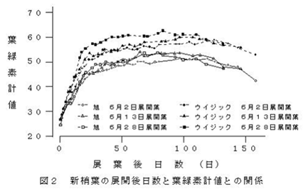 図2.新梢葉の展開後日数と葉緑素計値との関係