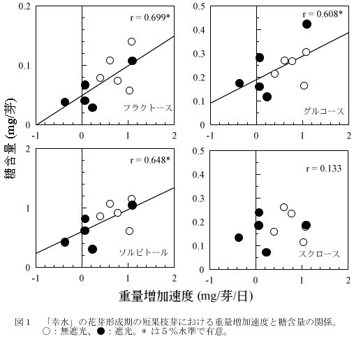 図1 「幸水」の花芽形成期の短果枝芽における重量増加速度と糖含量の関係。