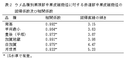 表2 ウメ品種別果頂部中果皮細胞径に対する赤道部中果皮細胞径の回帰係数および相関係数