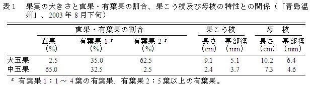 表1 果実の大きさと直果・有葉果の割合、果こう枝および母枝の特性との関係