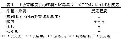 表1.「放育印度」の精製AM毒素に対する反応