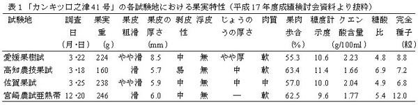 表1「カンキツ口之津41号」の各試験地における果実特性