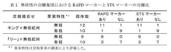 表1 無核性の分離集団におけるRAPDマーカーとSTSマーカーの分離比