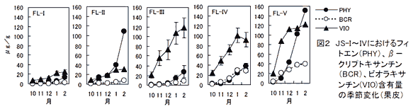 図2 JS-I～IVにおけるフィトエン(PHY)、β-クリプトキサンチン(BCR)、ビオラキサンチン(VIO)含有量の季節変化(果皮)