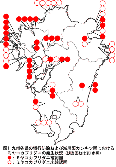 図1 九州各県の慣行防除および減農薬カンキツ園におけるミヤコカブリダニの発生状況