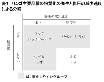 表1 リンゴ主要品種の粉質化の発生と膨圧の減少速度による分類