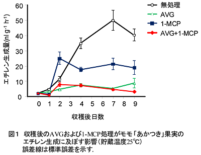 図1 収穫後のAVGおよび1-MCP処理がモモ「あかつき」果実のエチレン生成に及ぼす影響(貯蔵温度25°C)誤差線は標準誤差を示す.