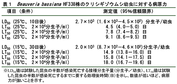 表1 Beauveria bassiana HF338株のクリシギゾウムシ幼虫に対する病原力