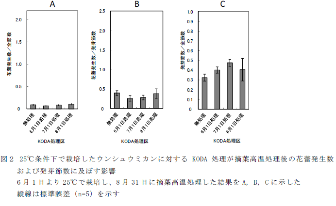 25°C条件下で栽培したウンシュウミカンに対するKODA 処理が摘葉高温処理後の花蕾発生数 および発芽節数に及ぼす影響