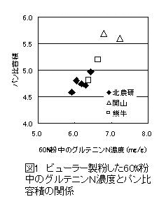 図1 ビューラー製粉した60%粉中のグルテニンN濃度とパン比容積の関係