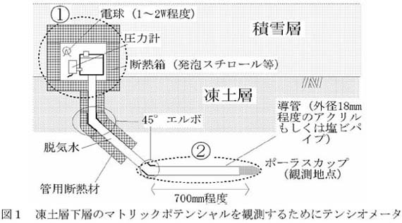 図1 凍土層下層のマトリックポテンシャルを観測するためにテンシオメータ