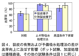 図4. 裂皮の有無および予備吸水処理法の差が出芽向上 に及ぼす影響