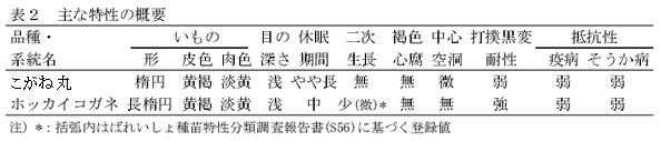 表2 主な特性の概要