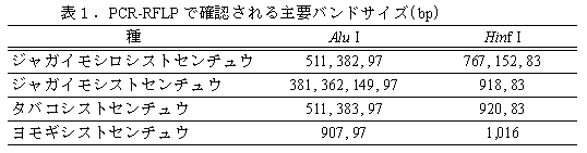 表1 PCR-RDLPで確認される主要バンドサイズ