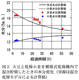 図2 ダイズと乾燥小麦を循環式乾燥機内で混合貯留したときの水分変化(実線は混合乾燥モデルによる計算値)