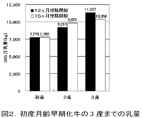 図2 初産月齢早期化牛の3産までの乳量