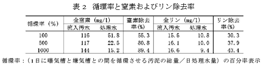 表2 循環率と窒素およびリン除去率