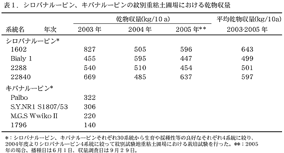 表1 シロバナルーピン、キバナルーピンの紋別重年度圃場における乾物収量