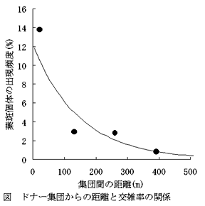 図 ドナー集団からの距離と交雑率の関係