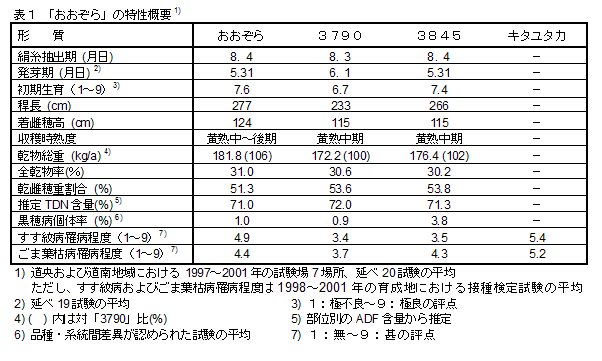 表1.「おおぞら」の特性概要