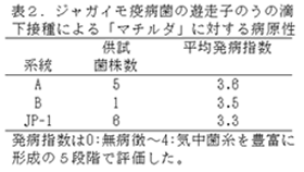 表2.ジャガイモ疫病菌の遊走子のうの滴 下接種による「マチルダ」に対する病原性