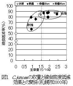 図1 C.juncea の収量と線虫密度低減効果との関係