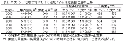 表2.ホクシン、北海257号における追肥による原粒蛋白含量の上昇