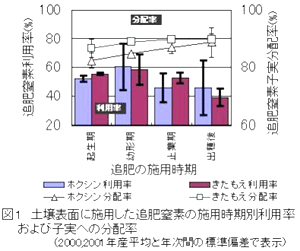 図1.土壌表面に施用した追肥窒素の施用時期別利用率