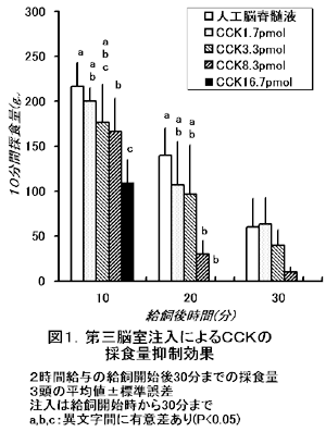 図1.第三脳室注入によるCCKの 採食量抑制効果