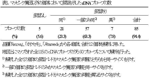 表1.マッピング集団以外の個体において多型を示したcDNAプローブの数