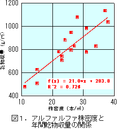 図1.アルファルファ株密度と年間乾物収量の関係