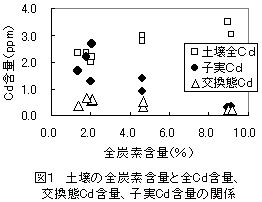 図1 土壌の全炭素含量と全Cd含量、 交換態Cd含量、子実Cd含量の関係