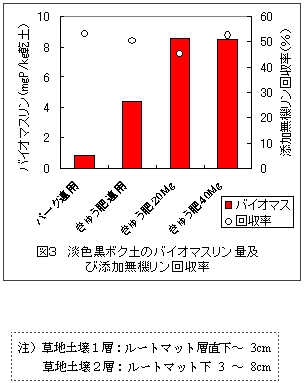 図3 淡色黒ボク土のバイオマスリン量及 び添加無機リン回収率