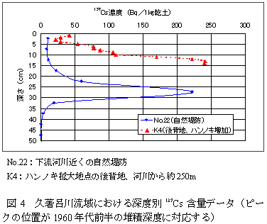 図4 久著呂川流域における深度別137Cs 含量データ