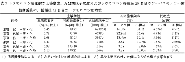 表2 トウモロコシ播種前の土壌窒素、AM菌胞子密度およびトウモロコシ播種後20日目のアーバスキュラー菌根菌感染率、播種後43日目のトウモロコシ乾物重