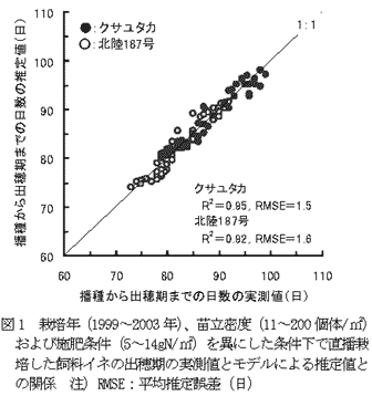 図1 栽培年(1999～2003年)、苗立密度(11～200個体/m2)および施肥条件(5～14gN/m2)を異にした条件下で直播栽培した飼料イネの出穂期の実測値とモデルによる推定値との関係