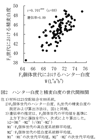 図2 ハンター白度と精麦白度の世代間相関