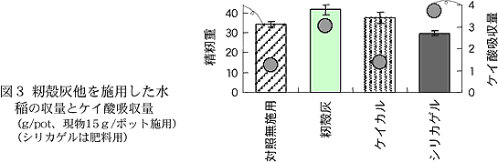 図3 籾殻灰他を施用した水 稲の収量とケイ酸吸収量